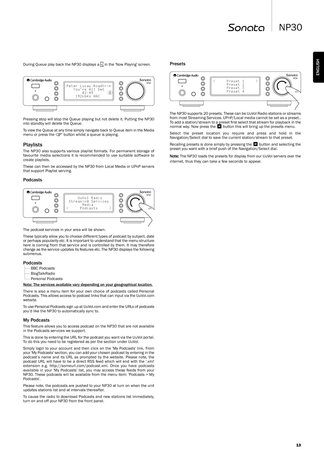 Cambridge Audio NP30 user manual Playlists, MyPodcasts, Thepodcastservicesinyourareawillbeshown 