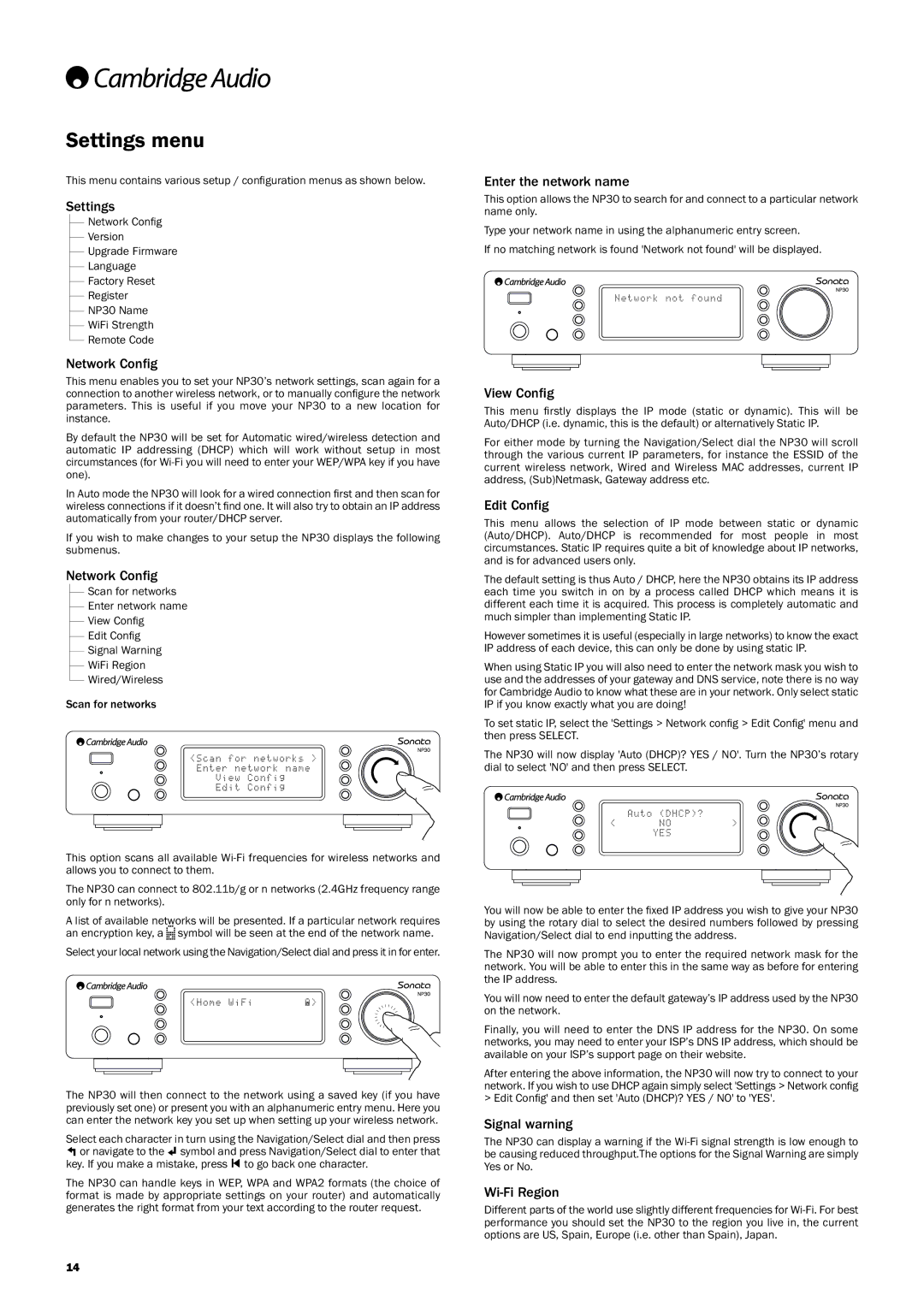 Cambridge Audio NP30 user manual Settingsmenu 