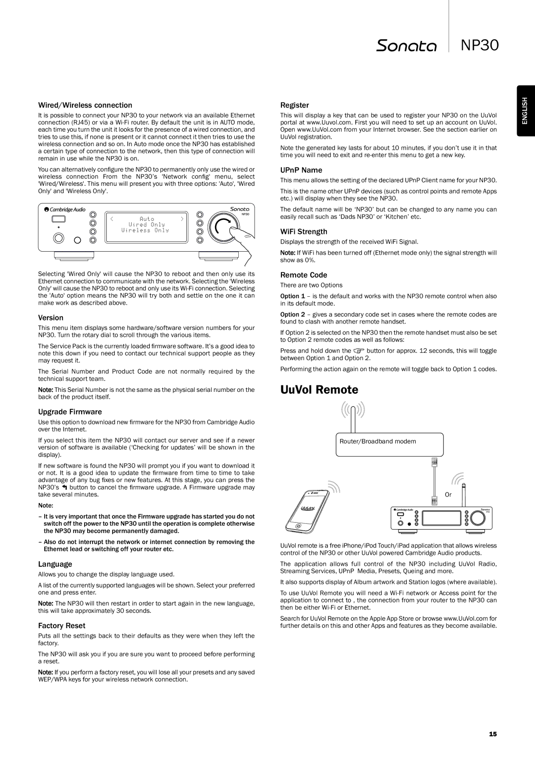 Cambridge Audio NP30 user manual UuVolRemote 