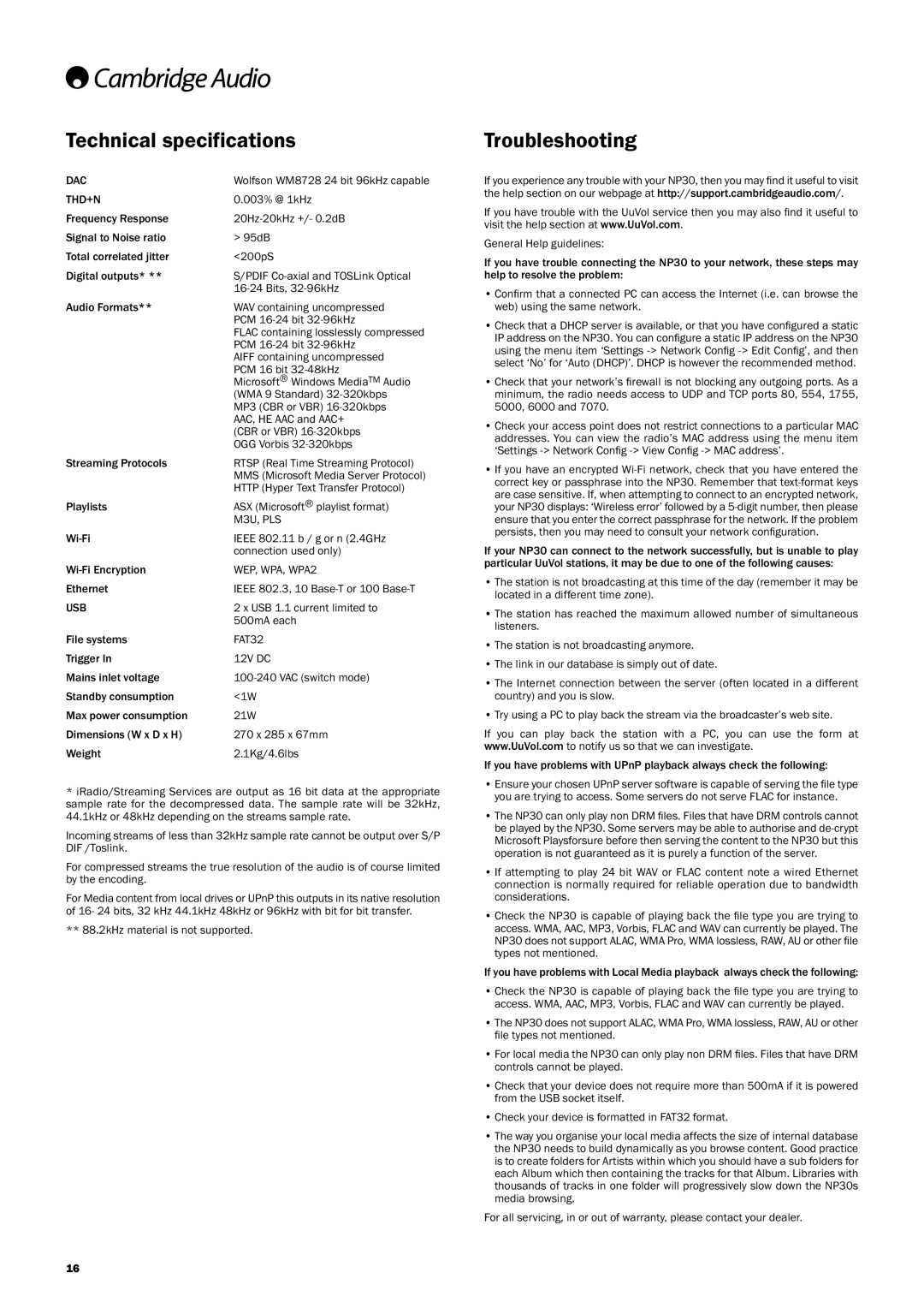 Cambridge Audio NP30 user manual Technicalspecifications Troubleshooting 