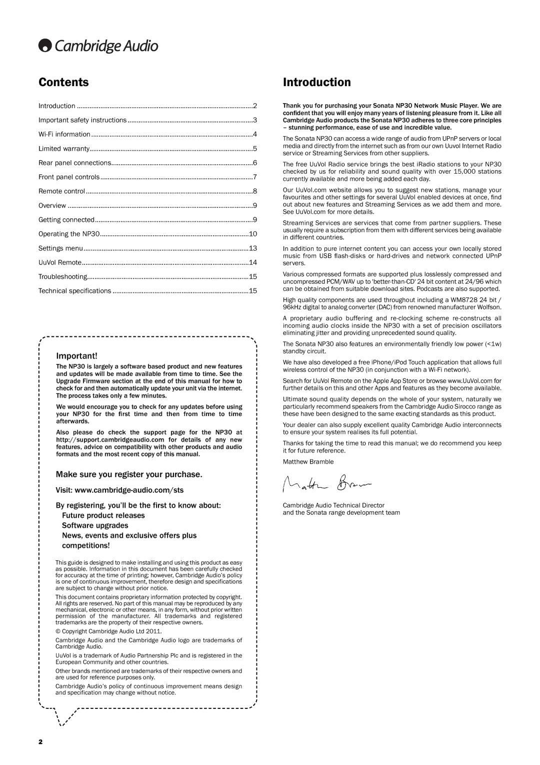 Cambridge Audio NP30 user manual Contents, Introduction 