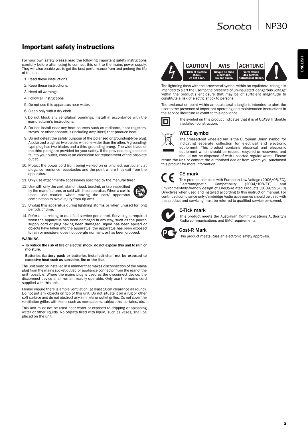 Cambridge Audio NP30 user manual Importantsafetyinstructions, WEEEsymbol, CEmark, Tickmark, Gost-RMark 