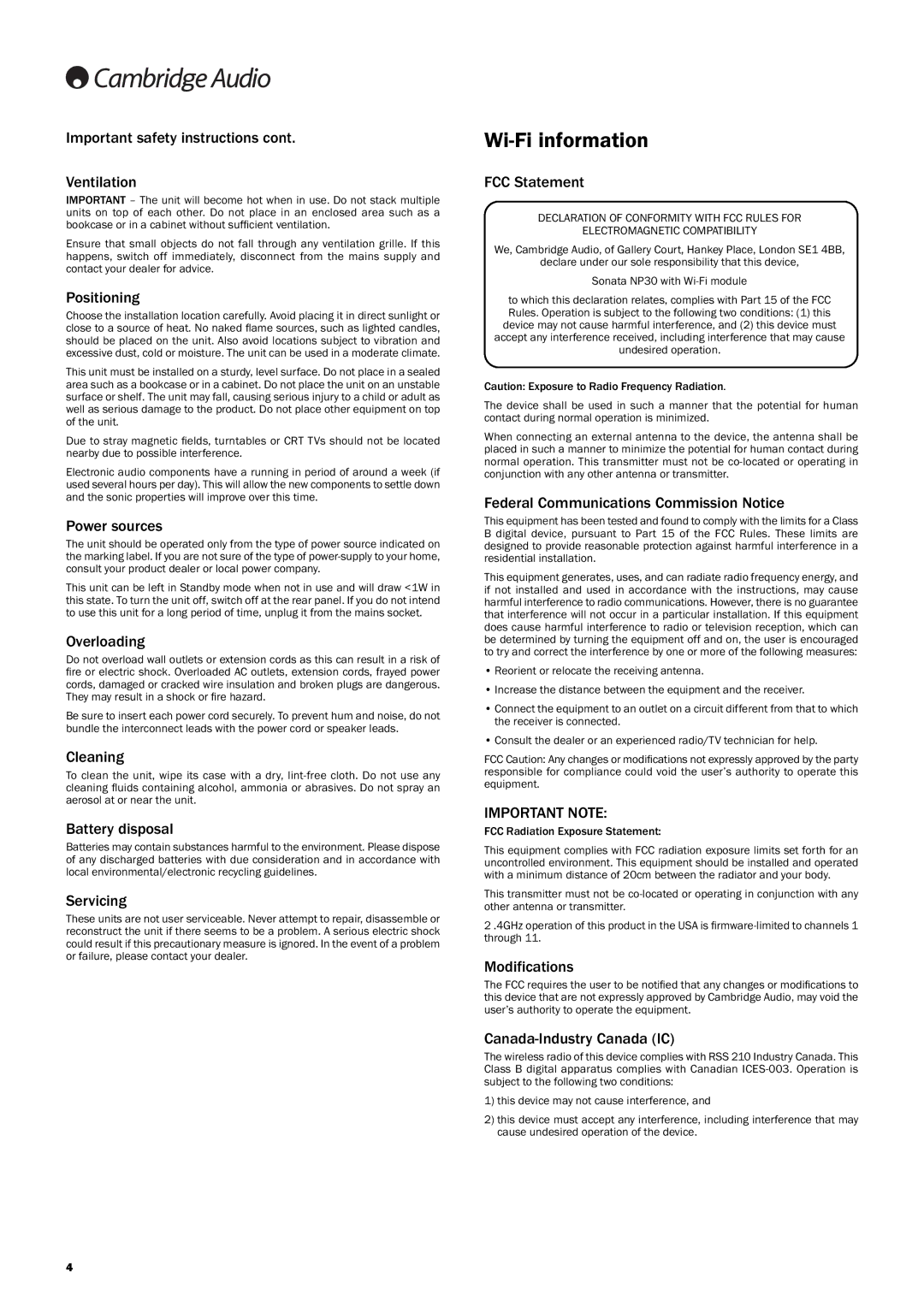 Cambridge Audio NP30 user manual Wi-Fiinformation 