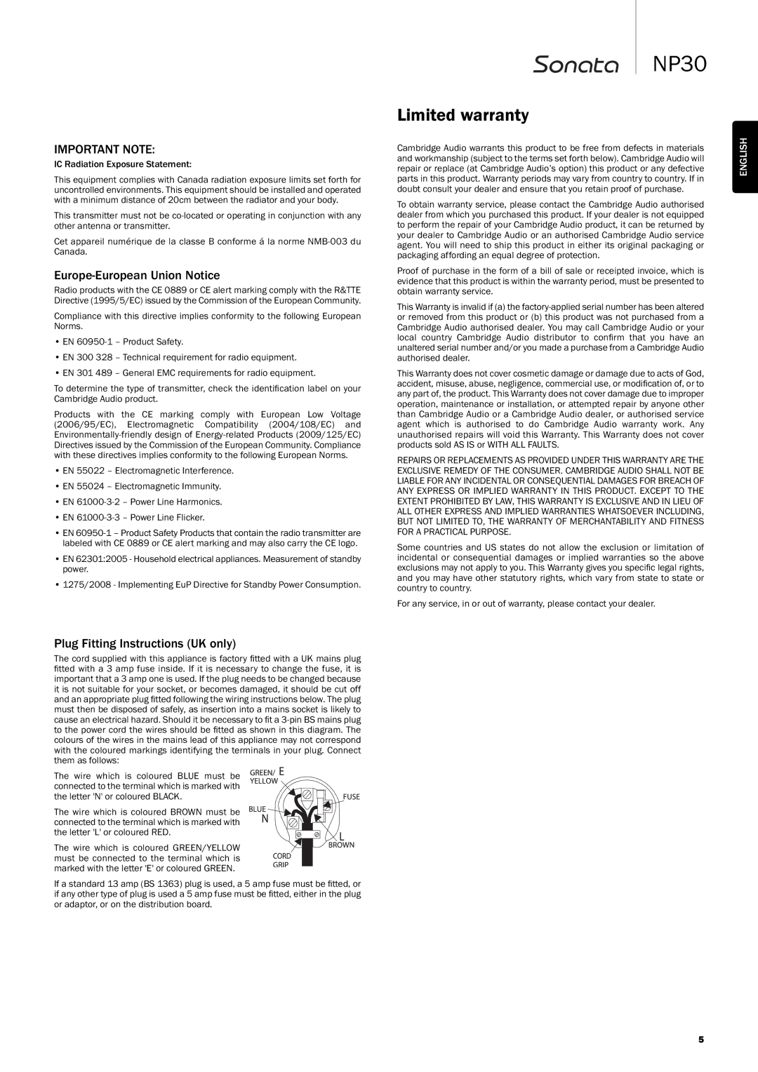 Cambridge Audio NP30 user manual Limitedwarranty, Europe-EuropeanUnionNotice, PlugFittingInstructionsUKonly 