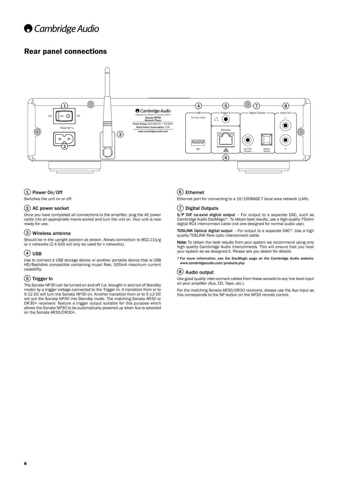 Cambridge Audio NP30 user manual Rearpanelconnections 