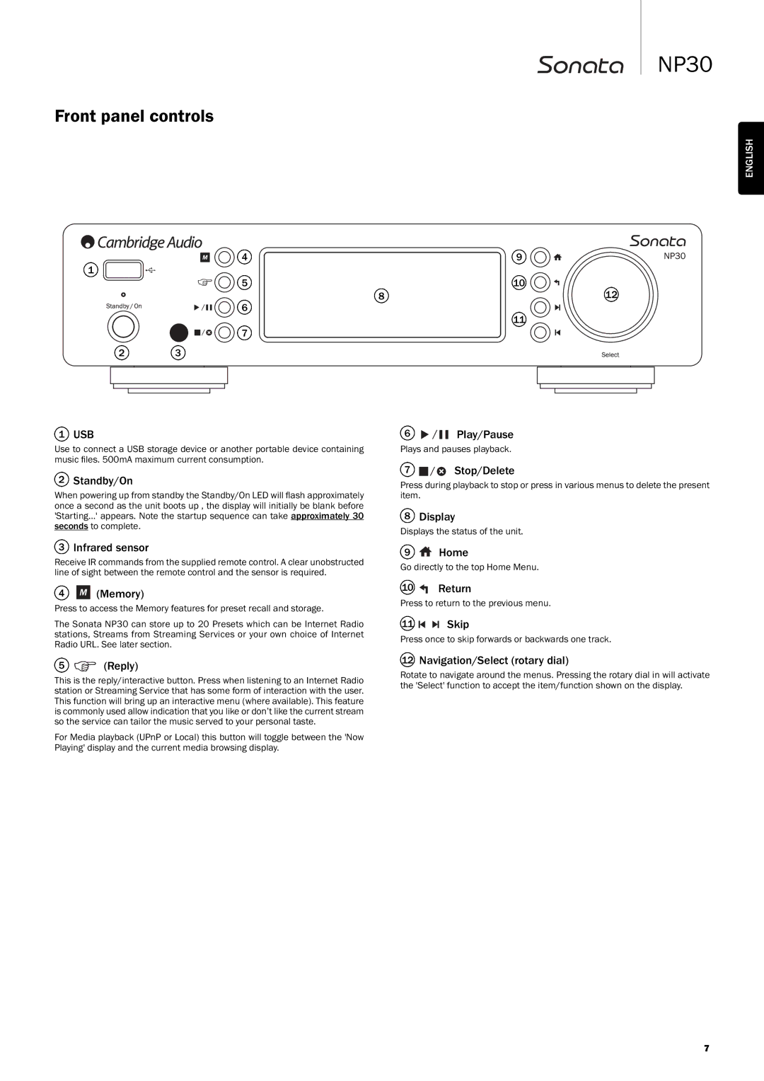 Cambridge Audio NP30 user manual Frontpanelcontrols 