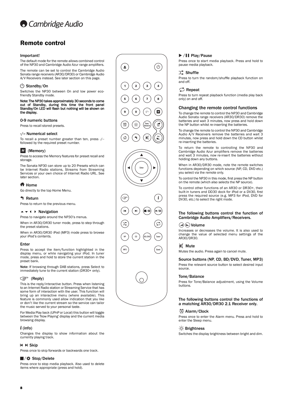 Cambridge Audio NP30 user manual Remotecontrol, Changingtheremotecontrolfunctions 