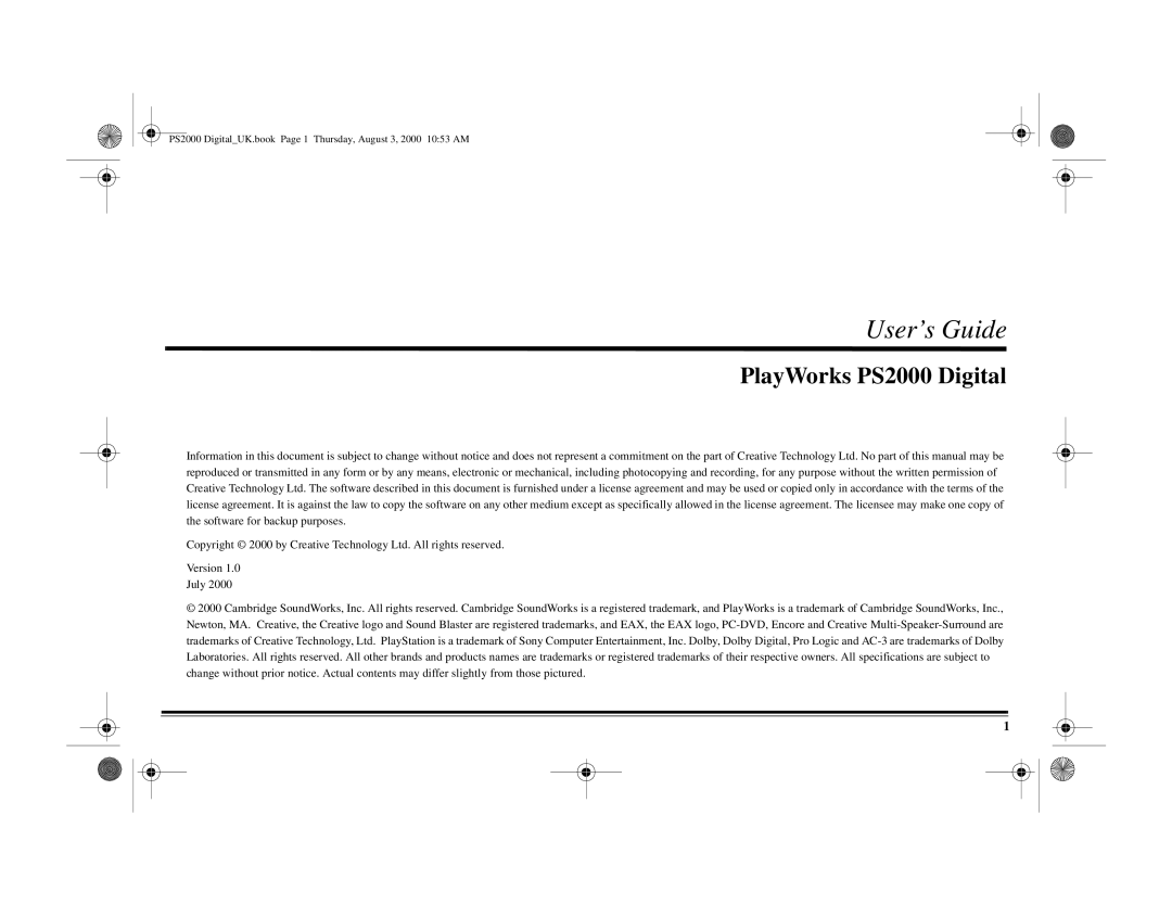 Cambridge Audio specifications User’s Guide, PlayWorks PS2000 Digital 