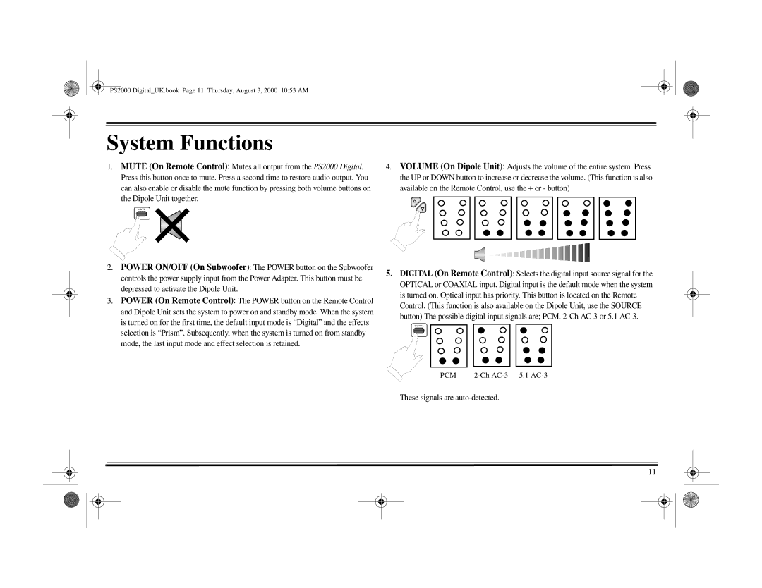 Cambridge Audio PS2000 specifications System Functions, Pcm 