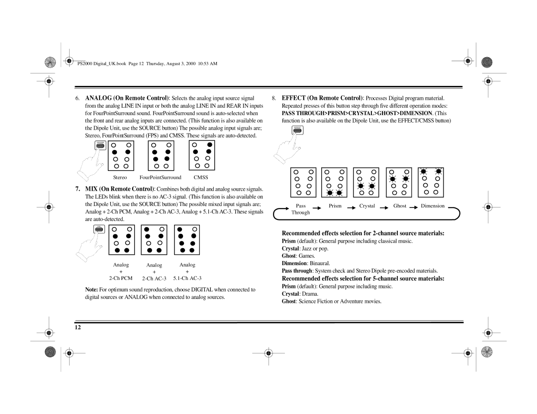 Cambridge Audio PS2000 specifications Recommended effects selection for 2-channel source materials 