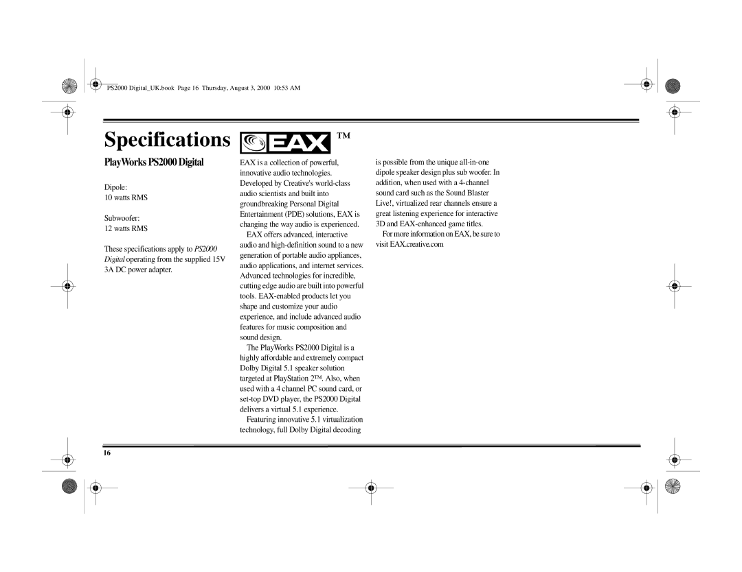 Cambridge Audio specifications Specifications, PlayWorks PS2000 Digital 