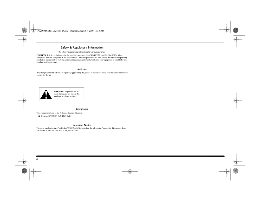 Cambridge Audio PS2000 specifications Safety & Regulatory Information 