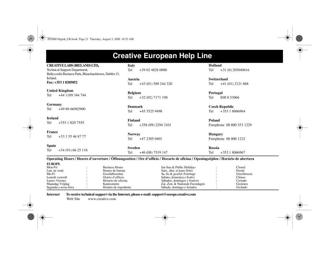 Cambridge Audio PS2000 specifications Creative European Help Line 