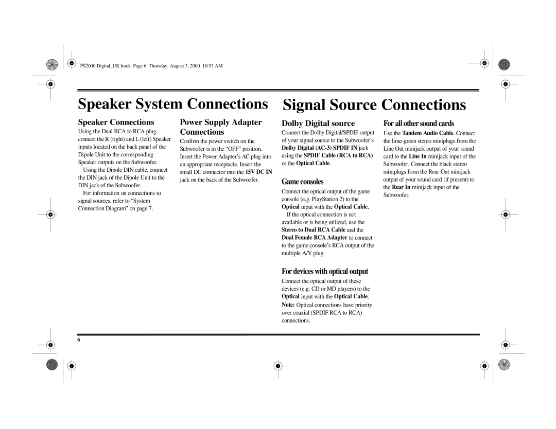 Cambridge Audio PS2000 specifications Signal Source Connections, Speaker Connections, Power Supply Adapter Connections 