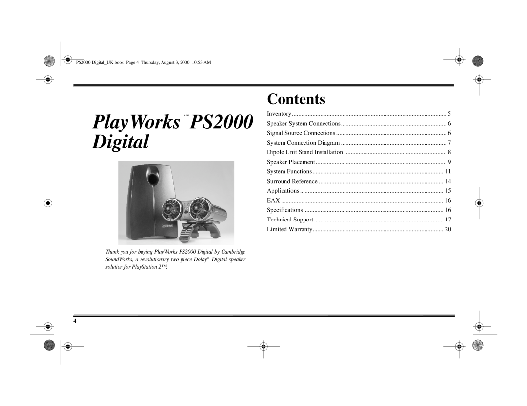 Cambridge Audio specifications Contents, PlayWorks TM PS2000 Digital 