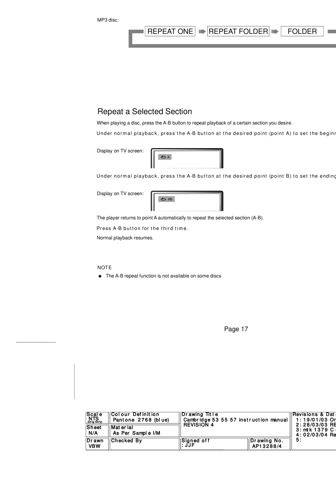 Cambridge Audio SERIES50 owner manual Repeat Playback, Repeat a Selected Section, Press A-B button for the third time 