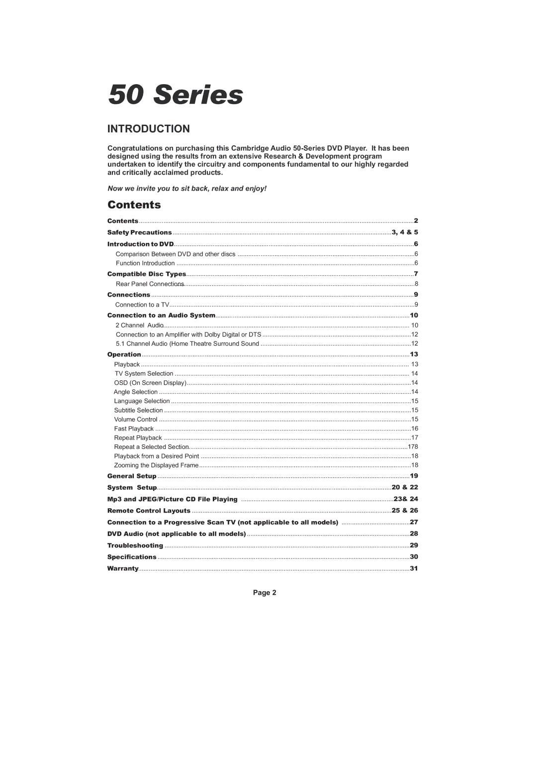 Cambridge Audio SERIES50 owner manual Introduction, Contents 