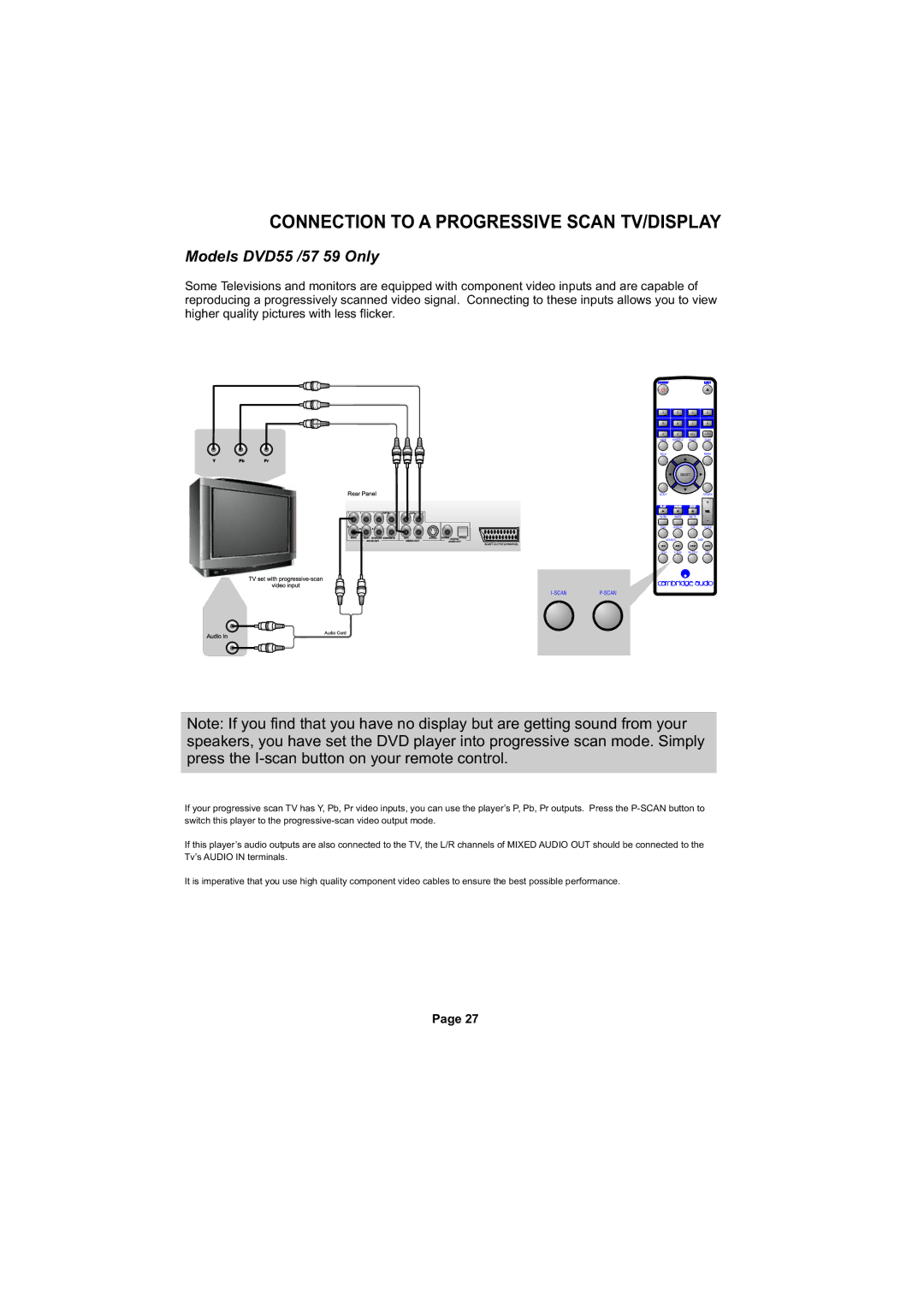 Cambridge Audio SERIES50 owner manual Connection to a Progressive Scan TV/DISPLAY, Models DVD55 /57 59 Only 