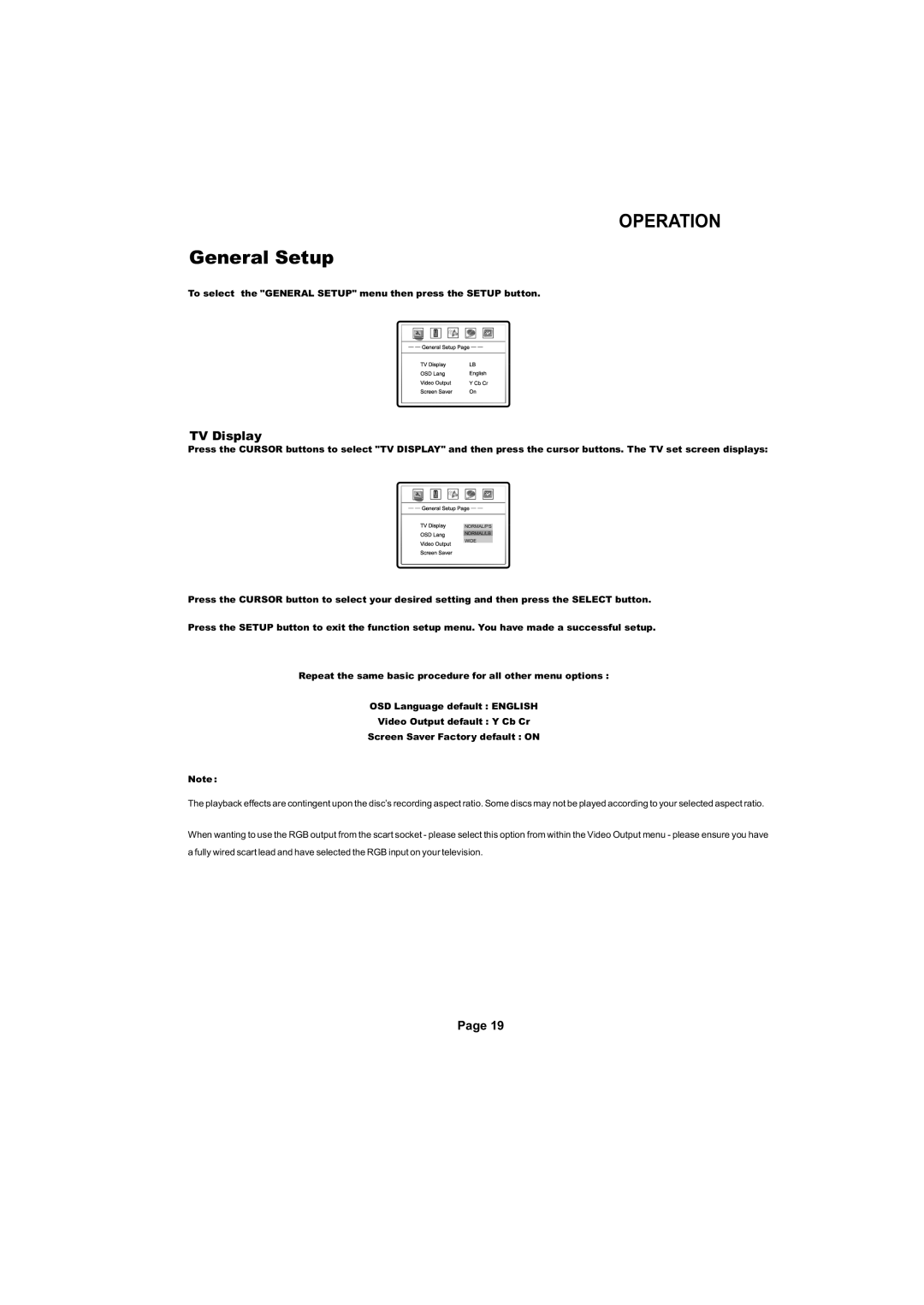 Cambridge Audio SERIES50 owner manual OPERATION General Setup, TV Display, Page, OSD Language default ENGLISH 