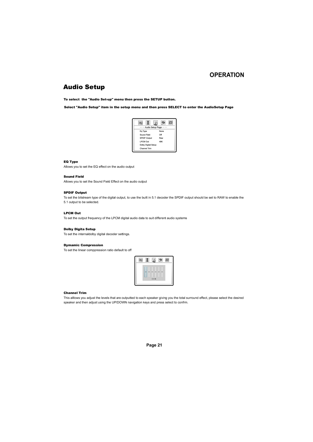 Cambridge Audio SERIES50 OPERATION Audio Setup, Page, EQ Type, Sound Field, SPDIF Output, LPCM Out, Dolby Digita Setup 
