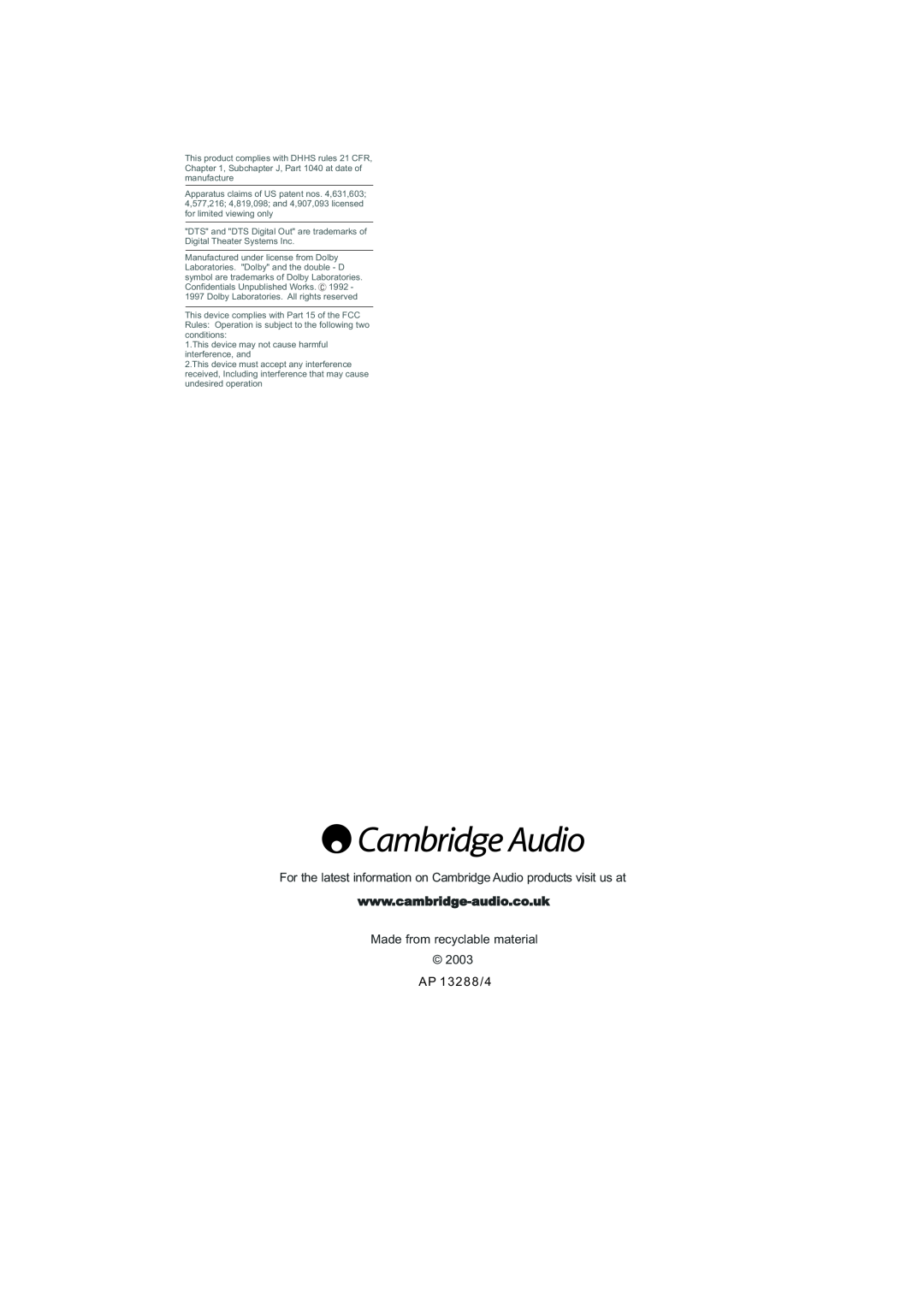 Cambridge Audio SERIES50 owner manual Made from recyclable material 2003 A P 13288/4 