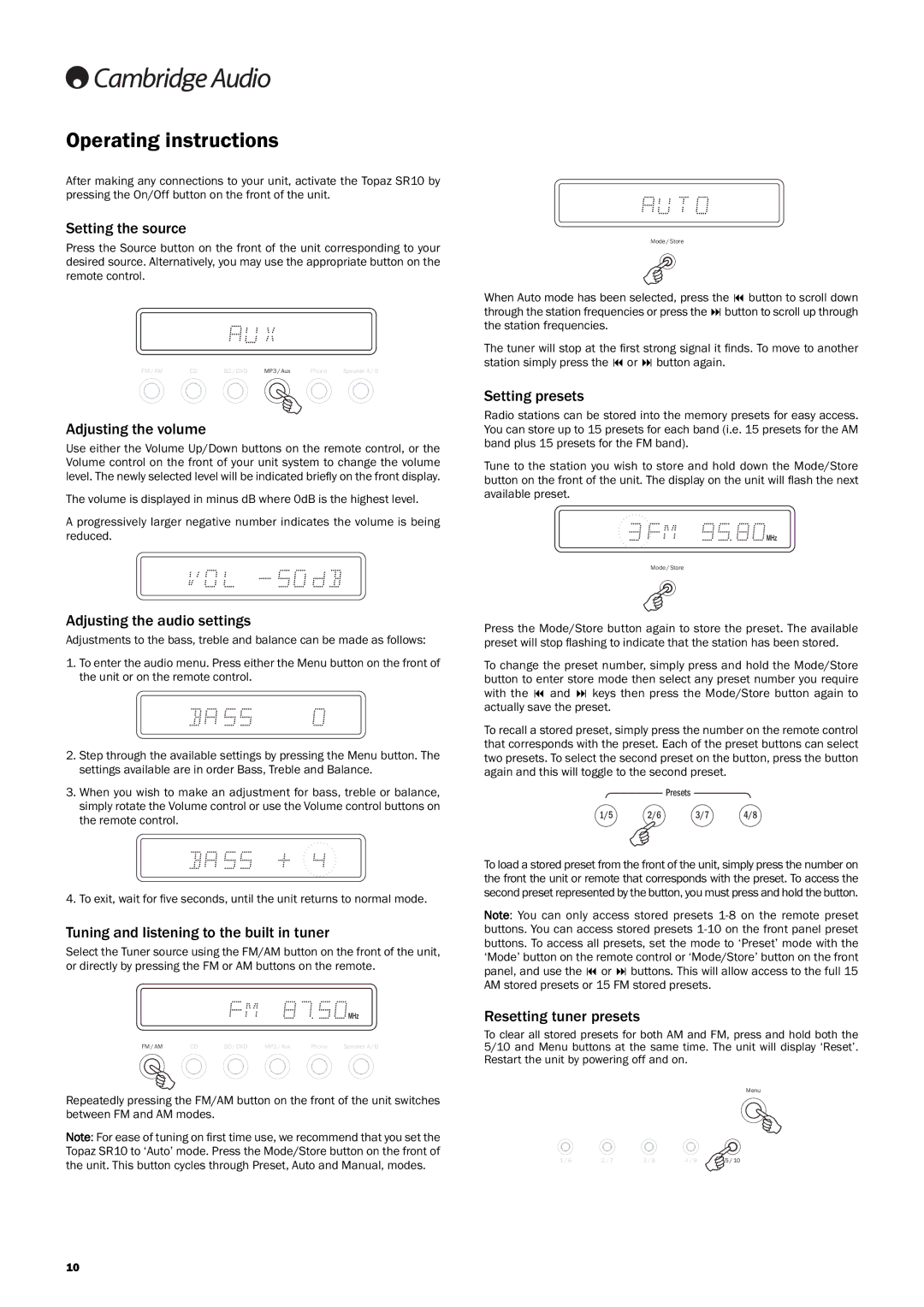 Cambridge Audio SR10 user manual Operating instructions 