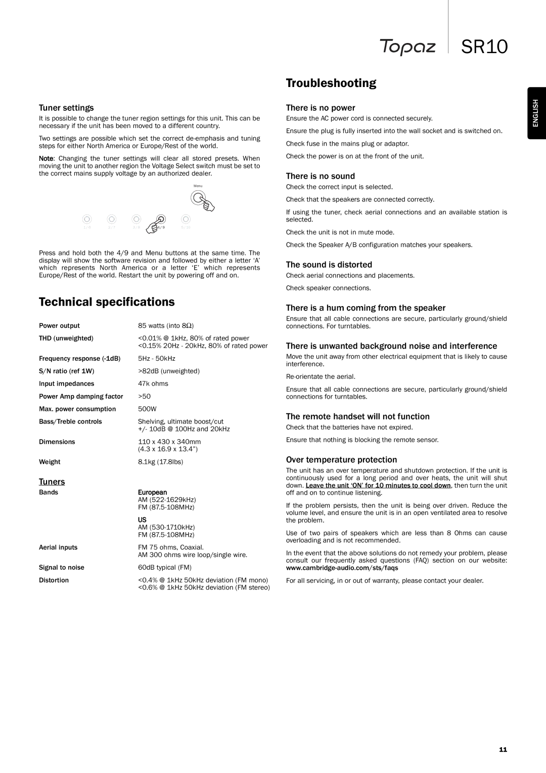 Cambridge Audio SR10 user manual Technical specifications, Troubleshooting 