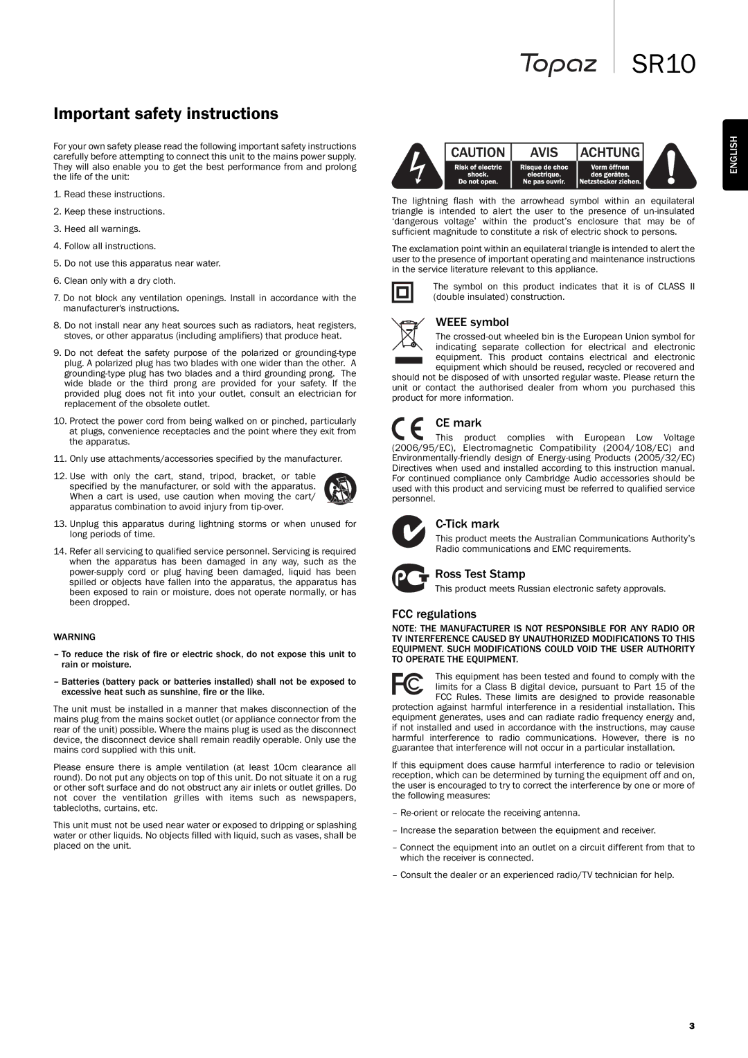 Cambridge Audio SR10 Important safety instructions, Weee symbol, CE mark Tick mark, Ross Test Stamp, FCC regulations 