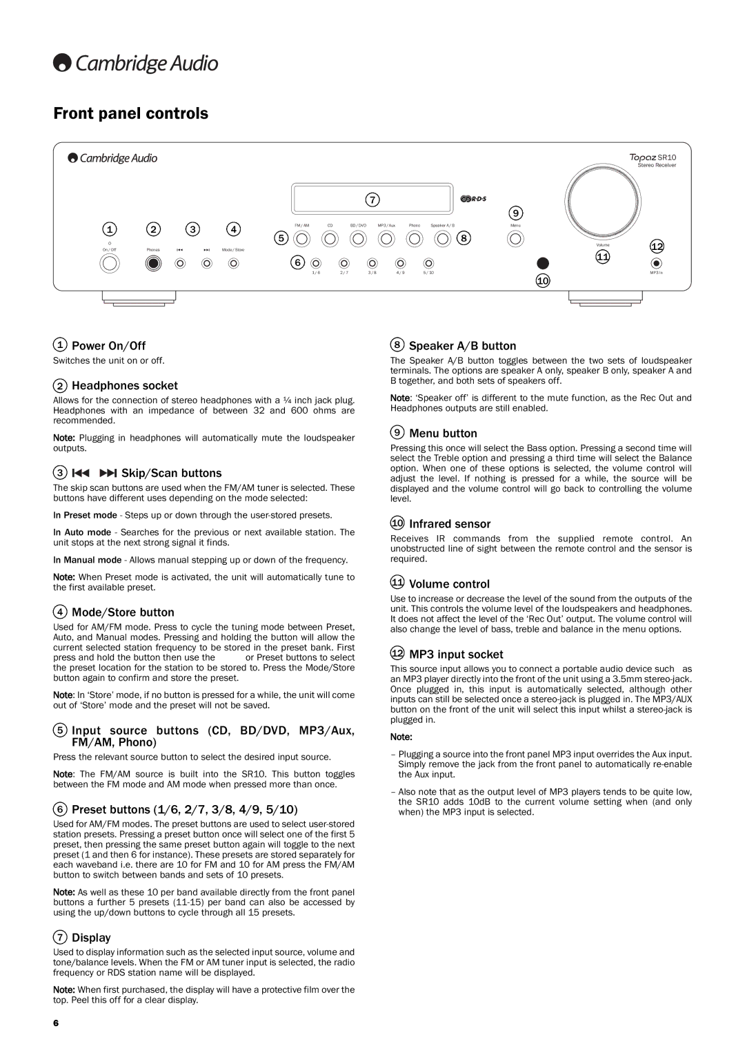 Cambridge Audio SR10 user manual Front panel controls 