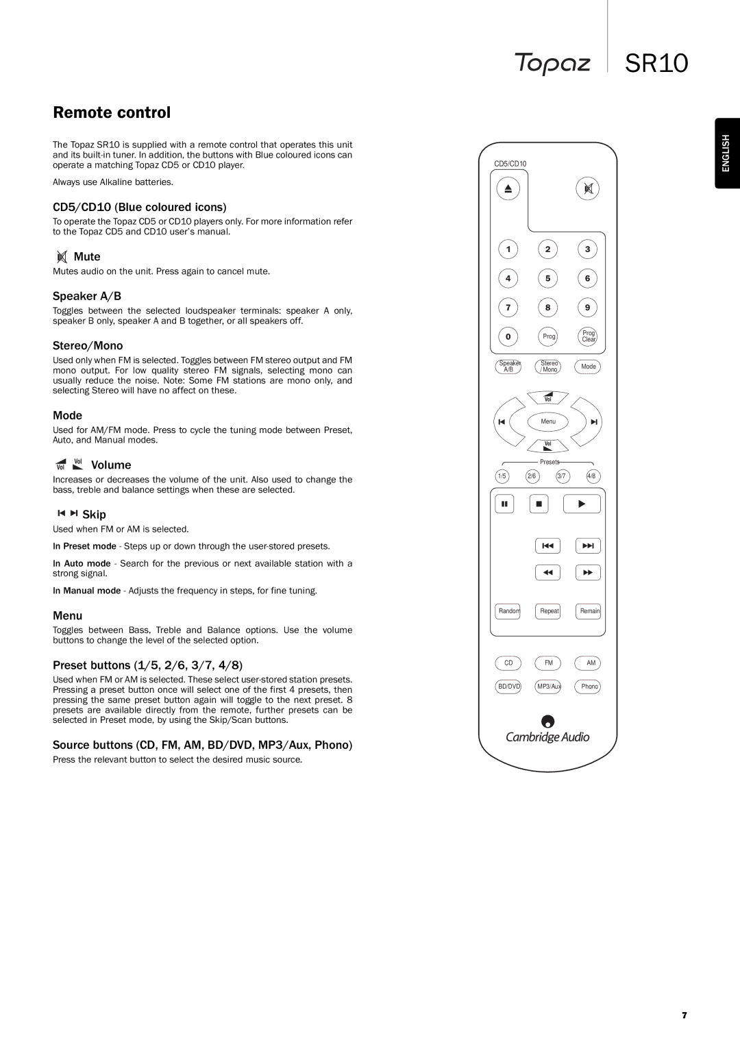 Cambridge Audio SR10 user manual Remote control 