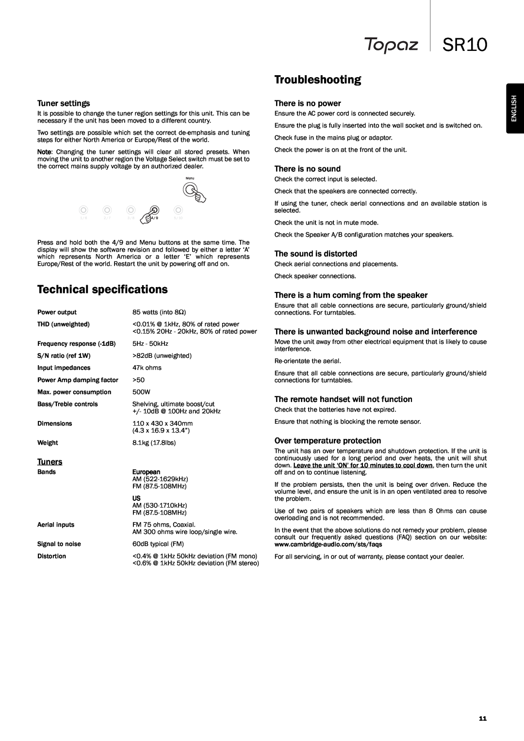 Cambridge Audio SR10 user manual Technical specifications, Troubleshooting, English, European 