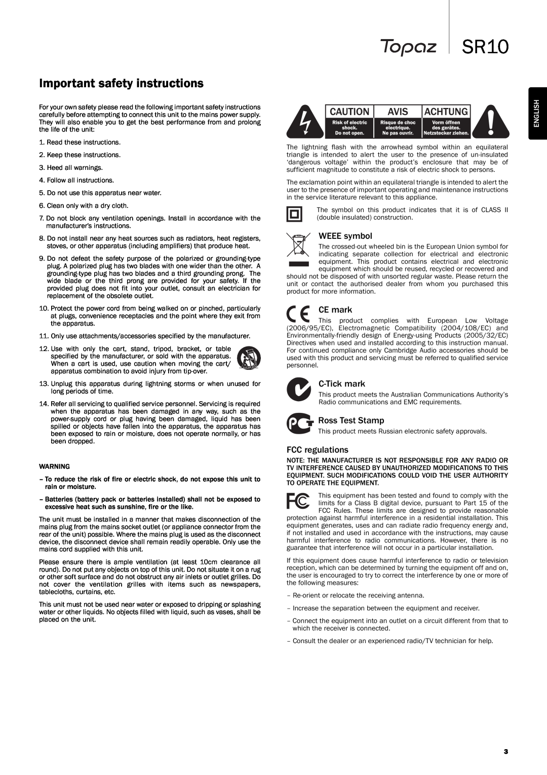 Cambridge Audio SR10 user manual Important safety instructions, English 