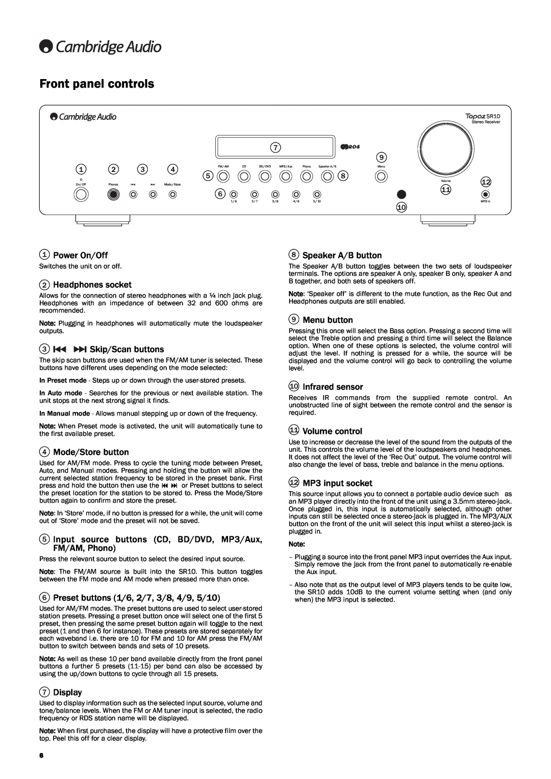 Cambridge Audio SR10 user manual Front panel controls 