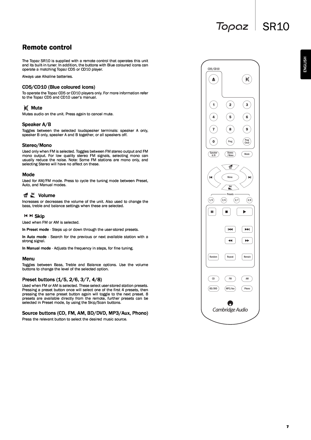 Cambridge Audio SR10 user manual Remote control 