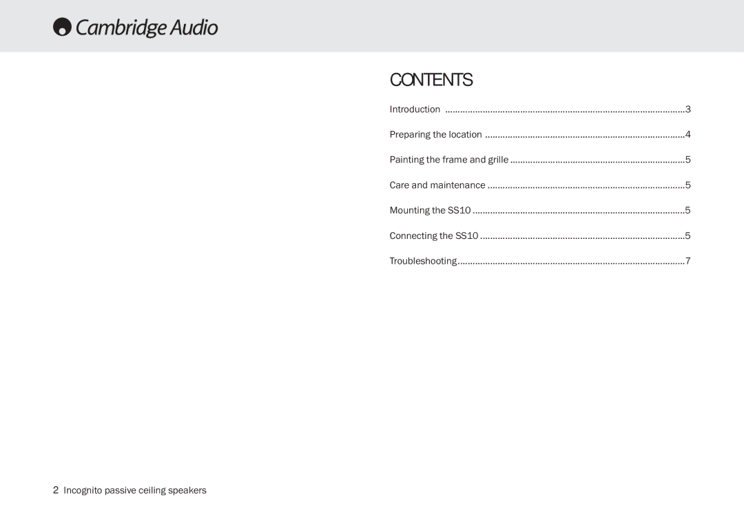 Cambridge Audio SS10 manual Contents 