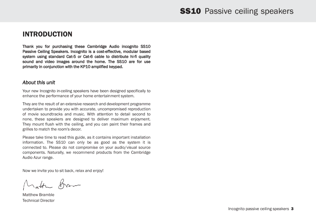 Cambridge Audio SS10 manual Introduction, About this unit 