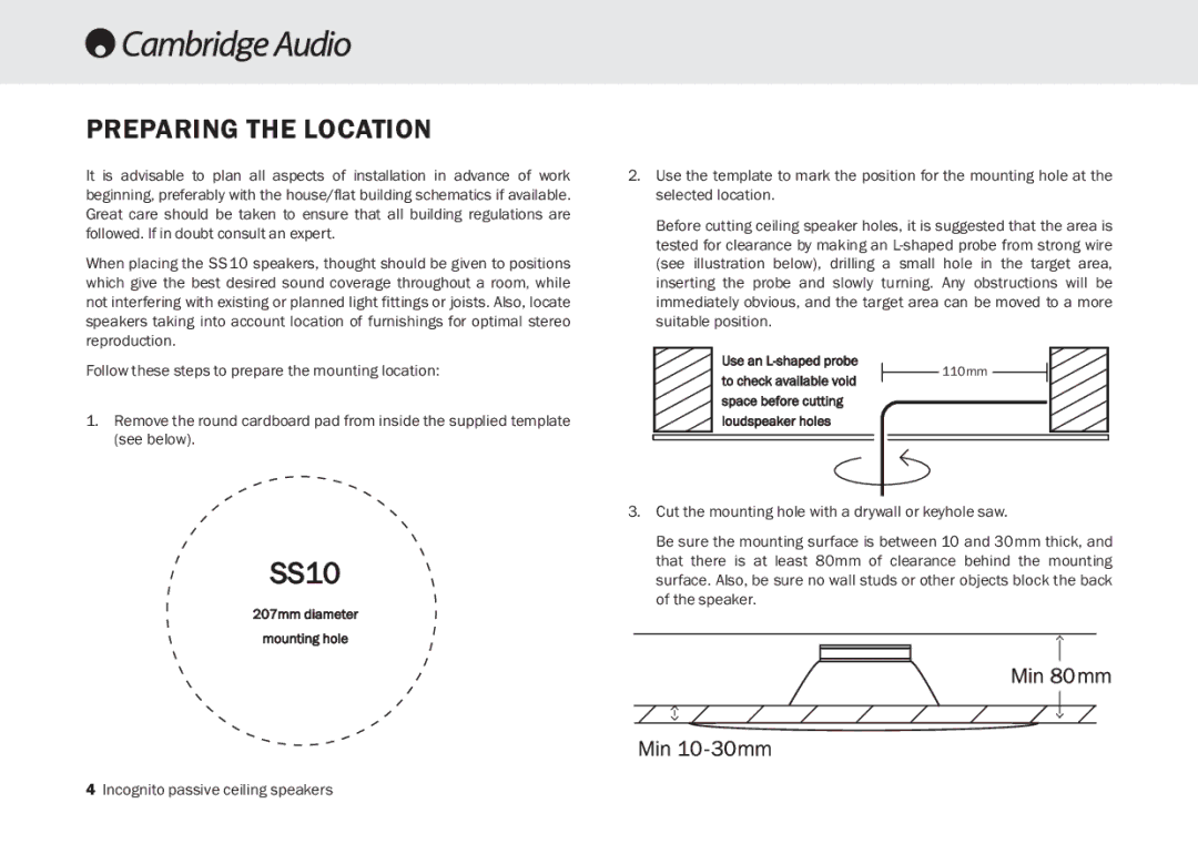 Cambridge Audio SS10 manual Preparing the Location 