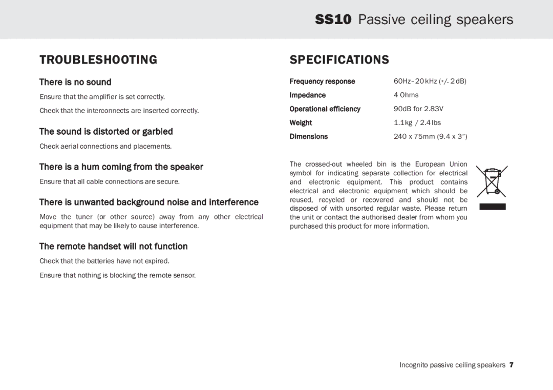 Cambridge Audio SS10 manual Troubleshooting, Specifications 