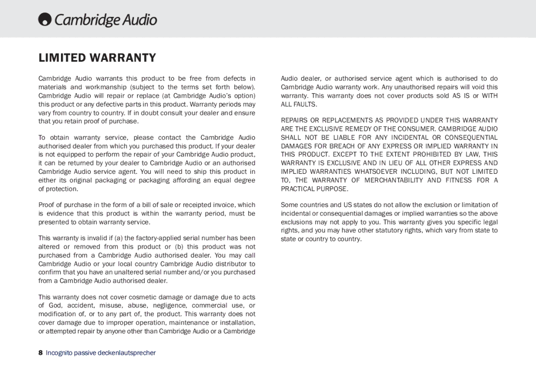 Cambridge Audio SS10 manual Limited Warranty 