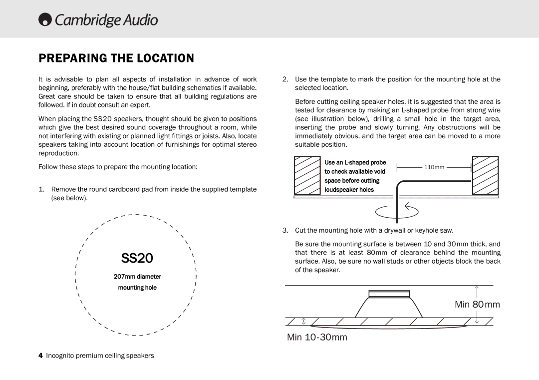 Cambridge Audio SS20 manual Preparing the Location 