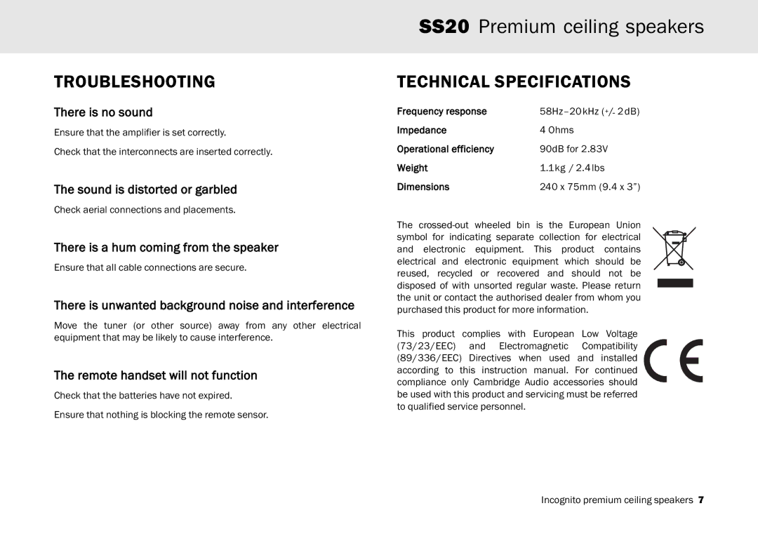 Cambridge Audio SS20 manual Troubleshooting, Technical Specifications 