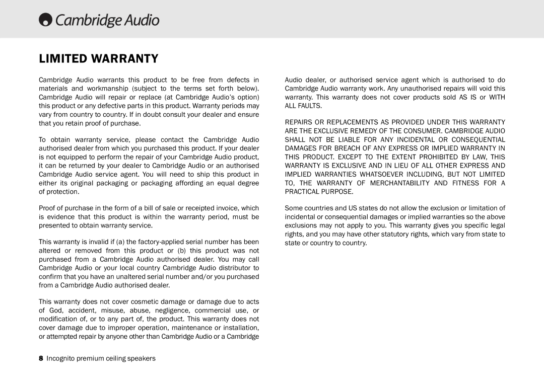 Cambridge Audio SS20 manual Limited Warranty 