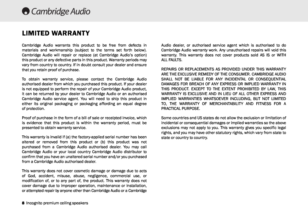 Cambridge Audio SS20 manual Limited Warranty 
