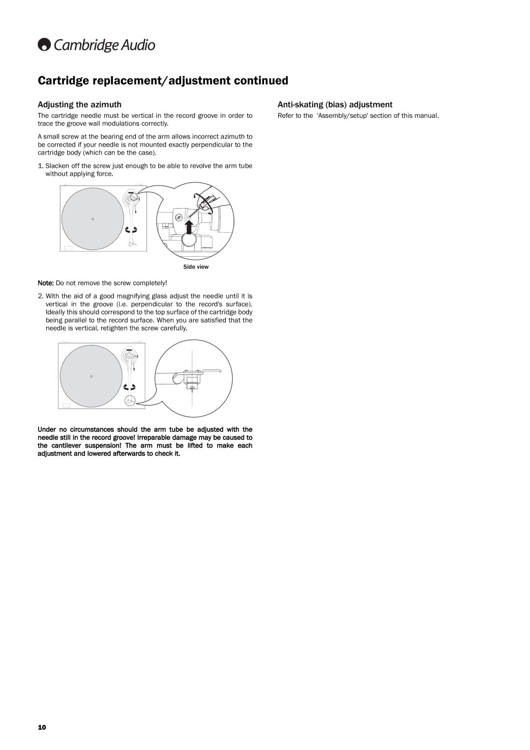 Cambridge Audio TT50 user manual Adjusting the azimuth Anti-skating bias adjustment 