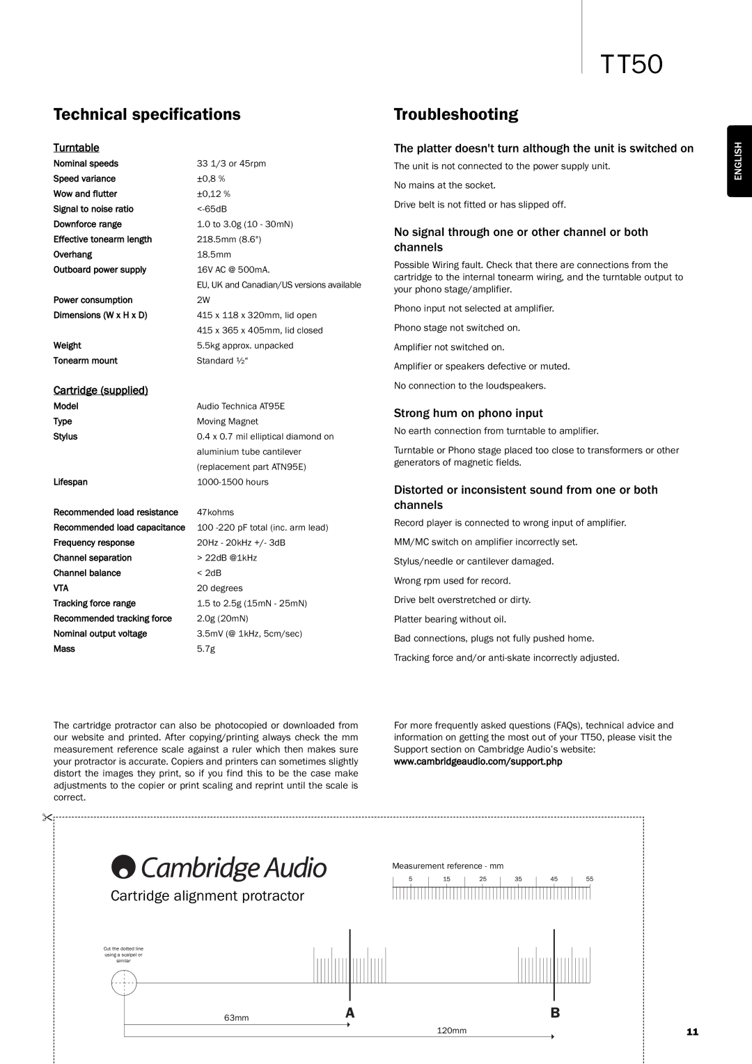 Cambridge Audio TT50 user manual Technical specifications, Troubleshooting 