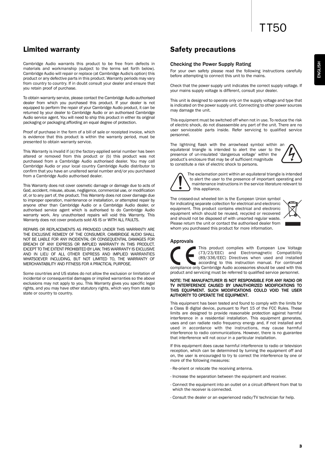 Cambridge Audio TT50 user manual Limited warranty, Safety precautions, Checking the Power Supply Rating, Approvals 