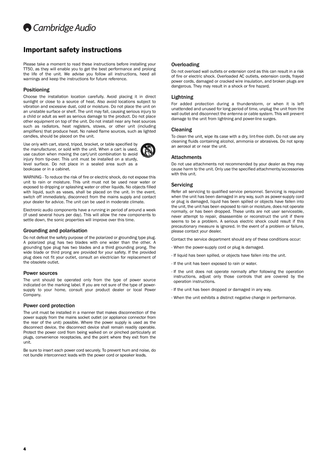 Cambridge Audio TT50 user manual Important safety instructions 