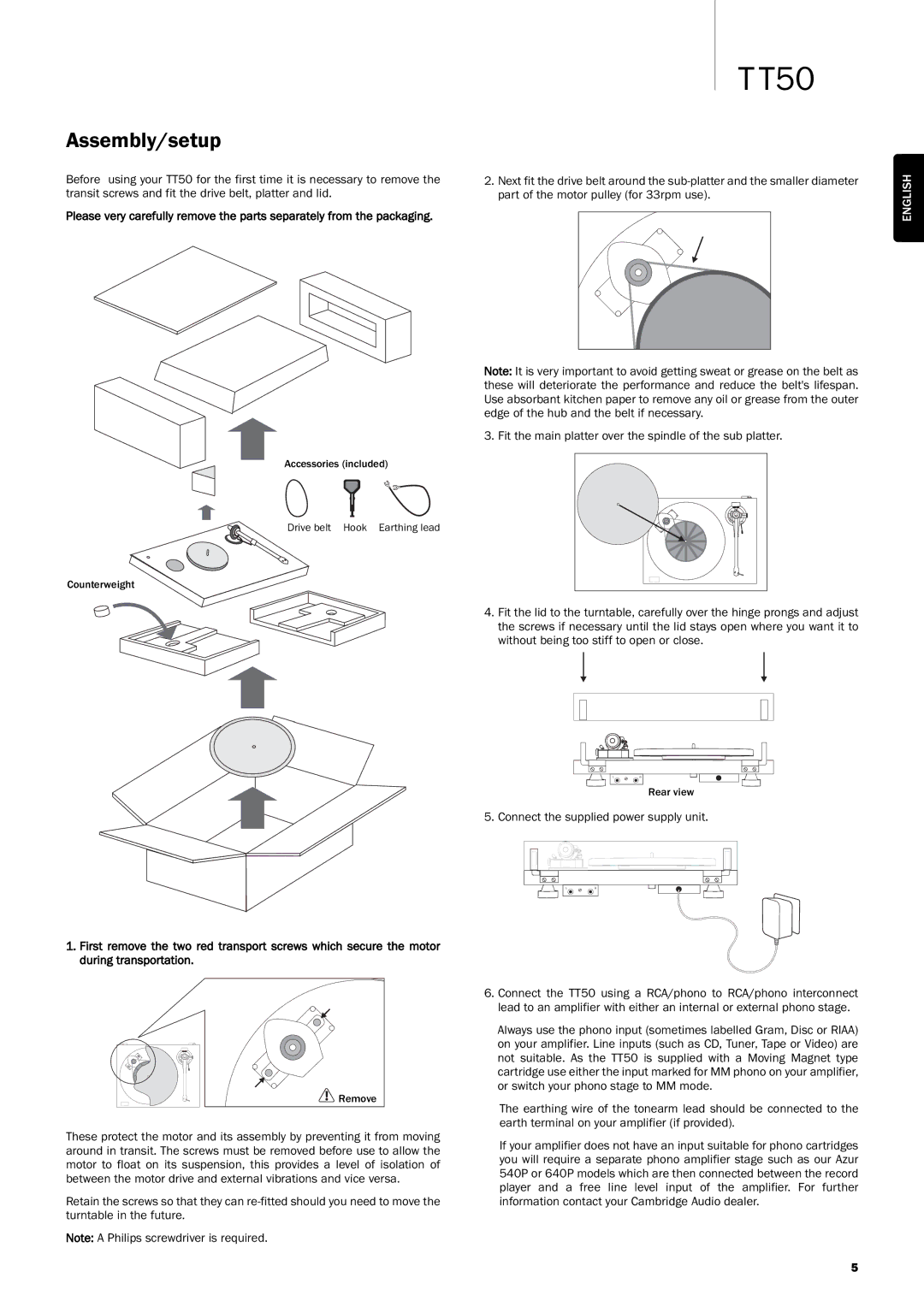 Cambridge Audio TT50 user manual Assembly/setup, Connect the supplied power supply unit 