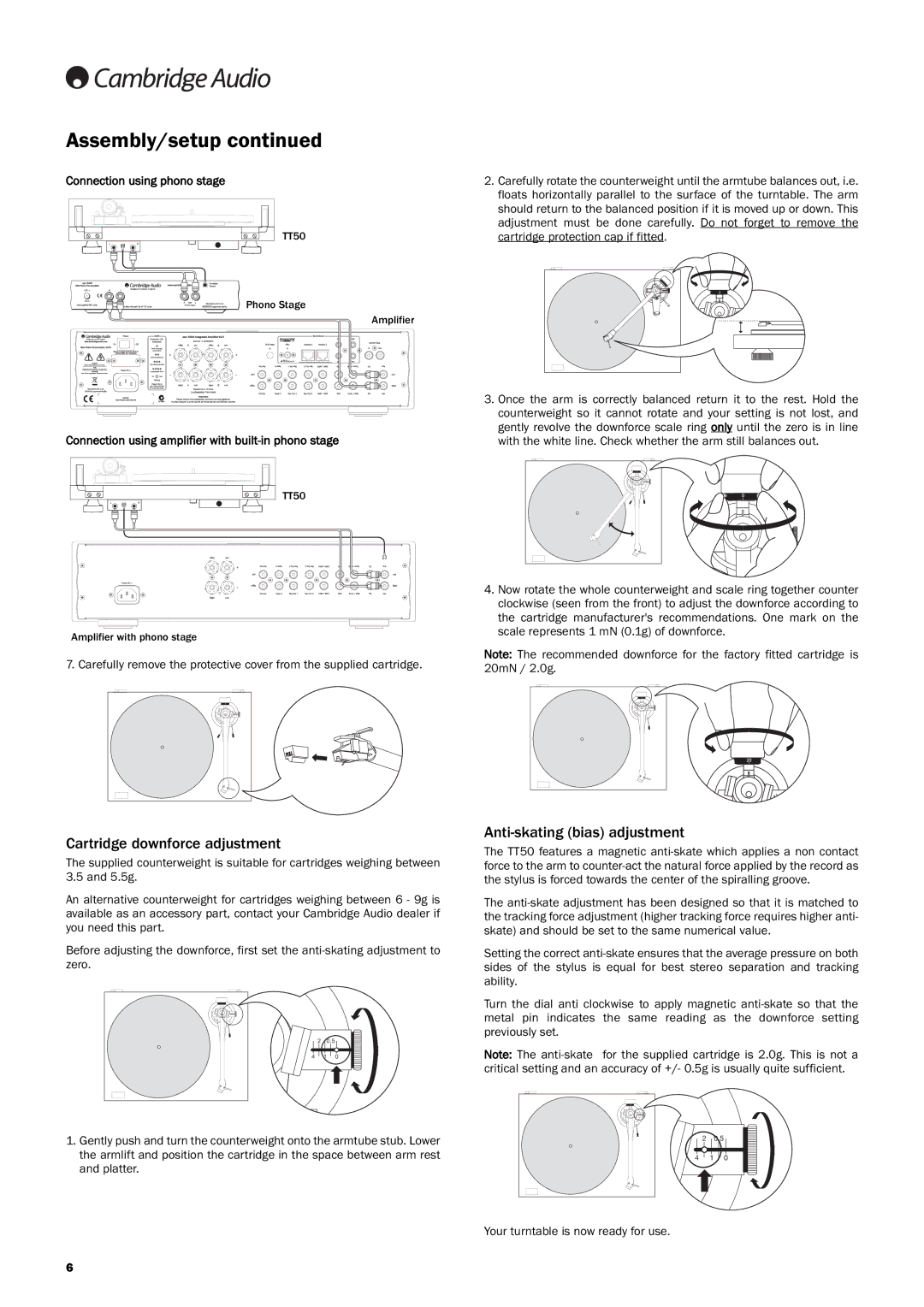 Cambridge Audio TT50 user manual Cartridge downforce adjustment, Anti-skating bias adjustment, Connection using phono stage 