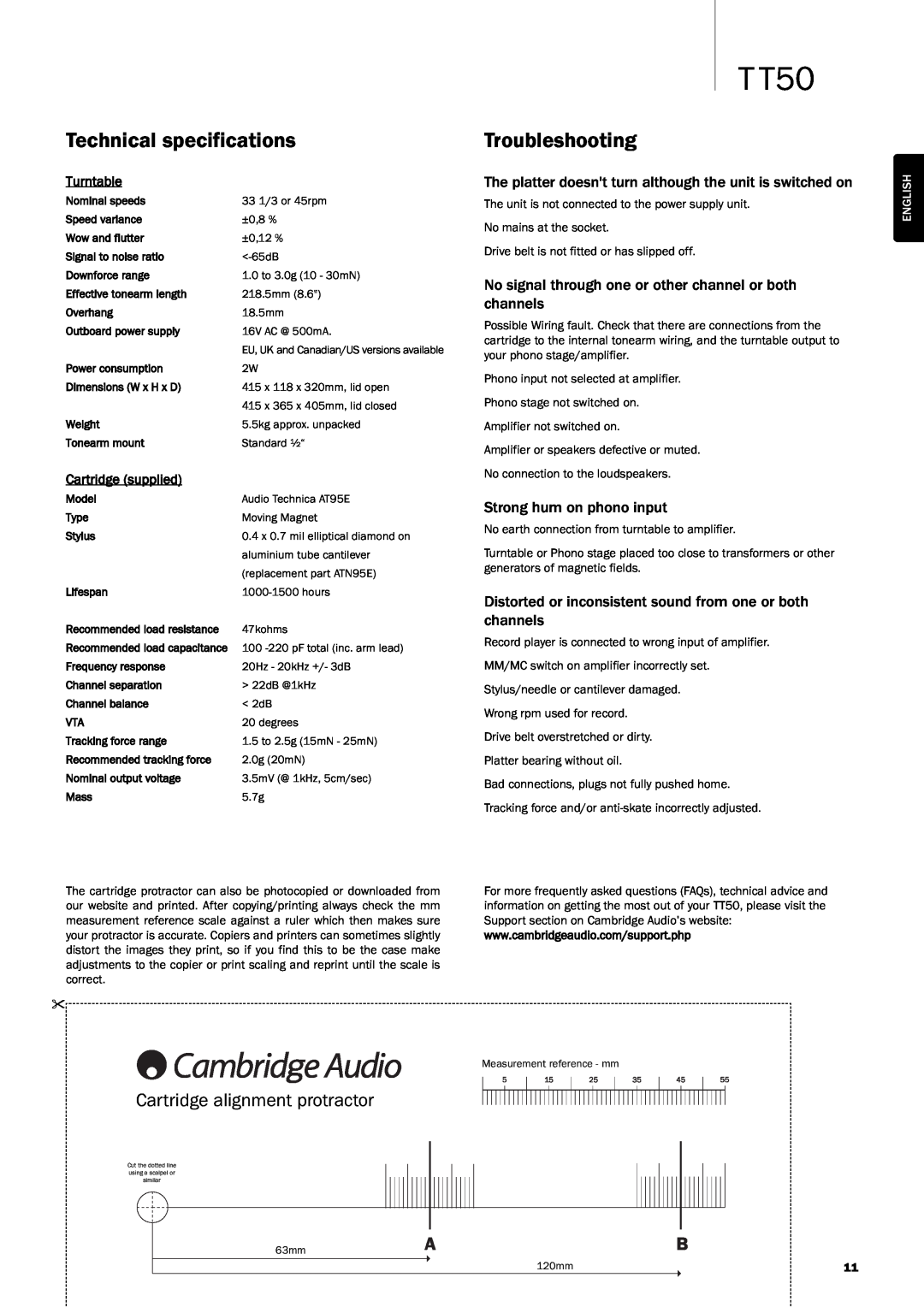 Cambridge Audio TT50 user manual Technical specifications, Troubleshooting, Cartridge alignment protractor 